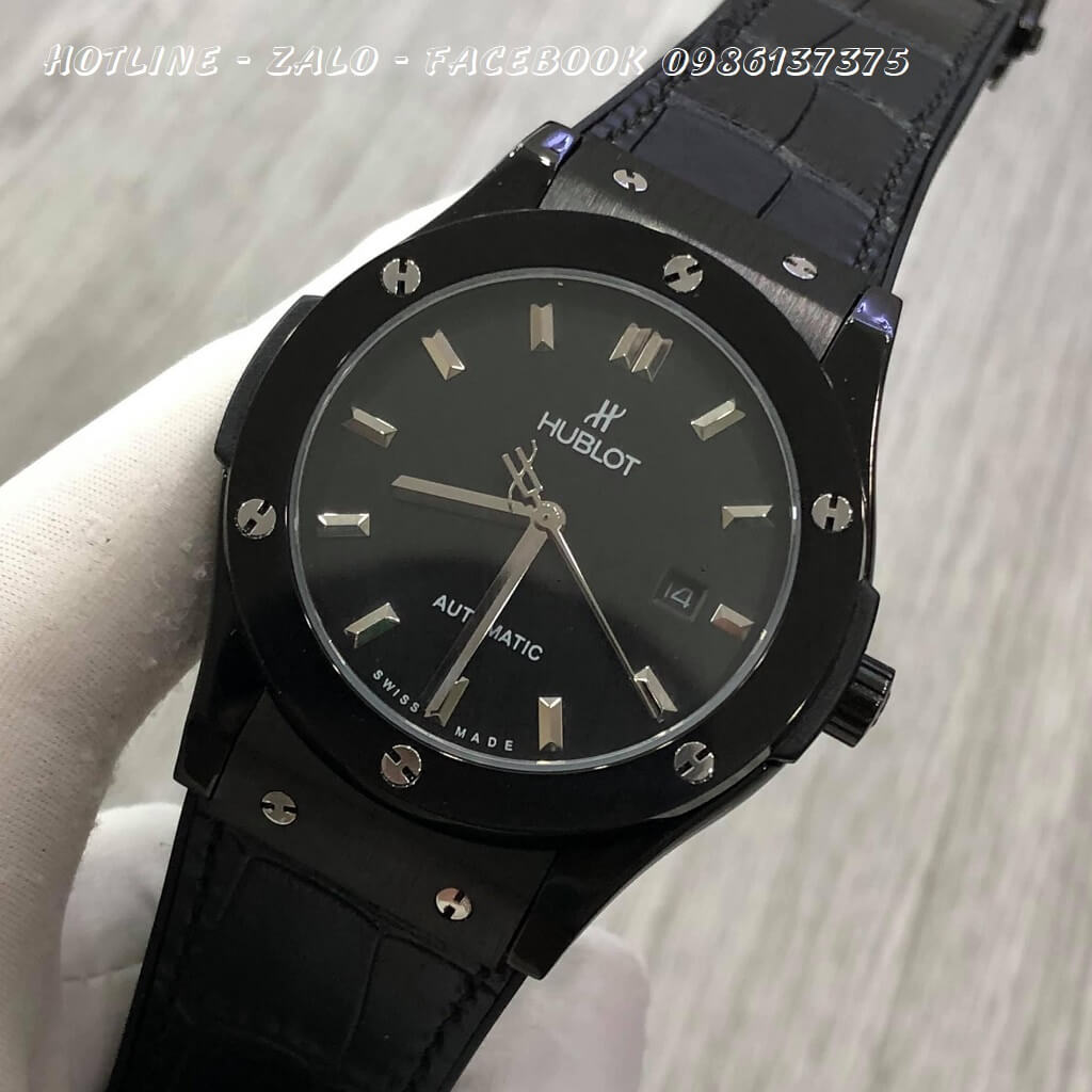 Đồng Hồ Nam Hublot Automatic Dây Da Silicon Đen Vỏ Đen 42mm