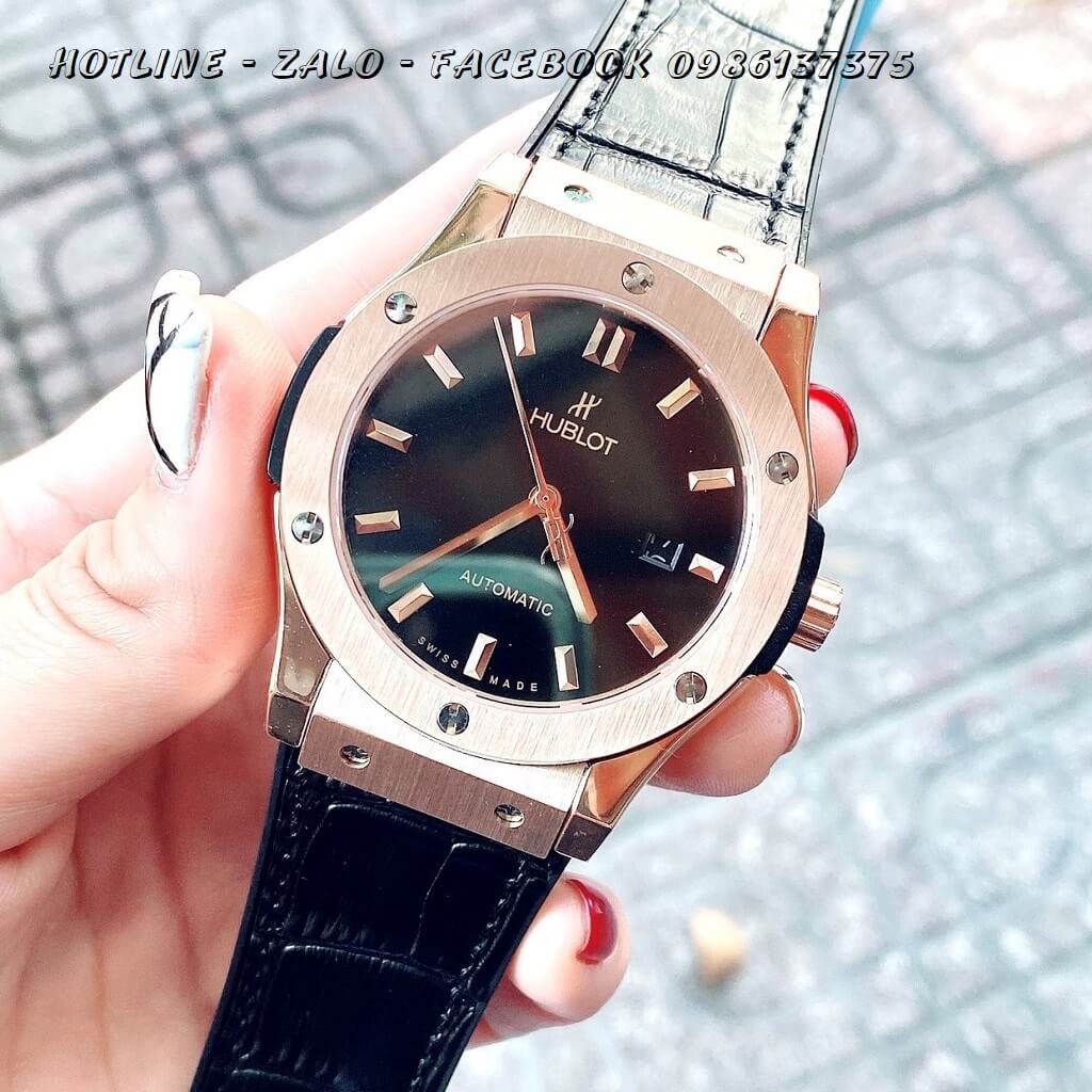 Đồng Hồ Nam Hublot Automatic Dây Da Silicon Đen Rose Gold 42mm