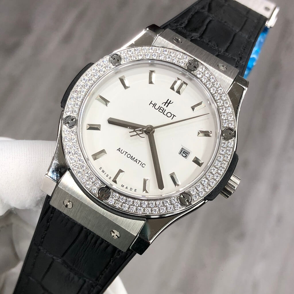 Đồng Hồ Nam Hublot Automatic Da Silicon Đen Đính Đá Silver 42mm