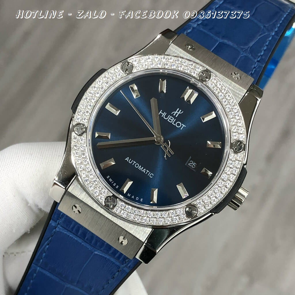 Đồng Hồ Nam Hublot Automatic Da Silicon Xanh Đính Đá Silver 42mm