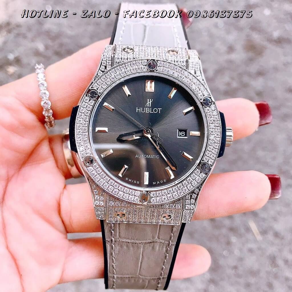 Đồng Hồ Nam Hublot Automatic Dây Da Silicon Xám Đính Đá Silver 42mm