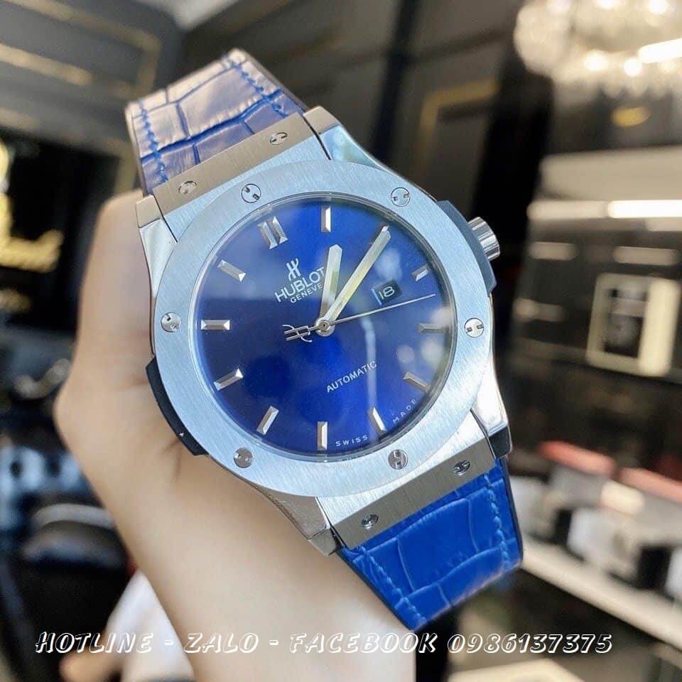 Đồng Hồ Nam Hublot Automatic Dây Da Silicon Xanh Silver 42mm