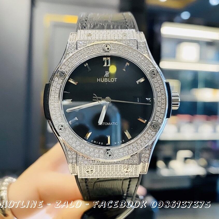 Đồng Hồ Nam Hublot Automatic Dây Da Silicon Đen Đính Đá Silver 42mm