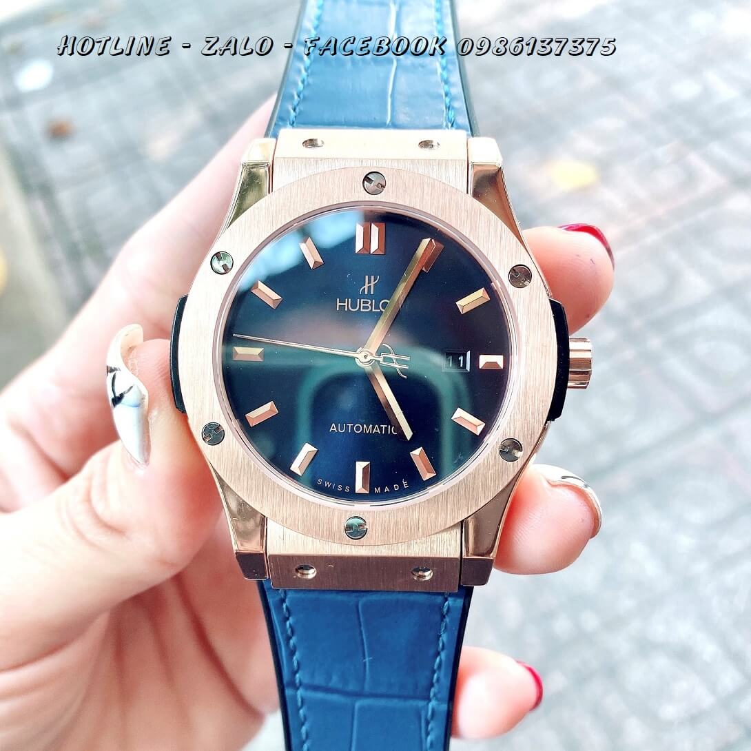 Đồng Hồ Nam Hublot Automatic Dây Da Silicon Xanh Rose Gold 42mm