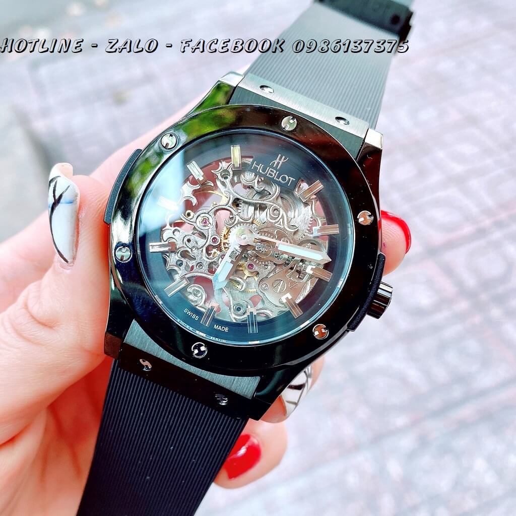 Đồng Hồ Nam Hublot Automatic Silicon Đen Vỏ Đen 42mm Lộ Máy