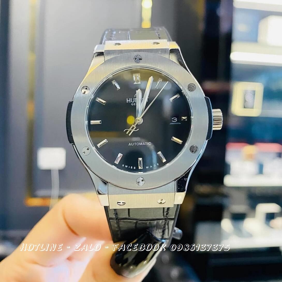 Đồng Hồ Nam Hublot Automatic Dây Da Silicon Đen Silver 42mm