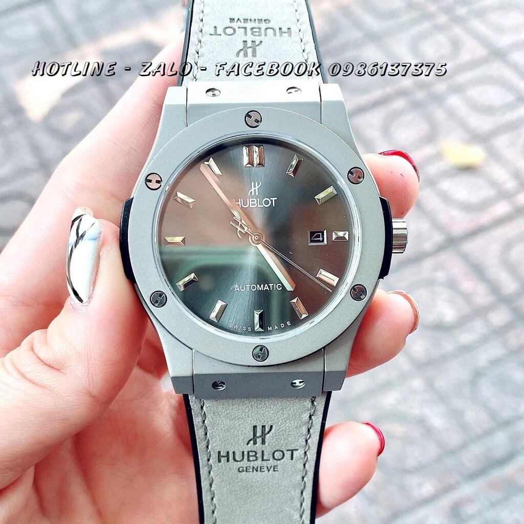 Đồng Hồ Nam Hublot Automatic Dây Da Silicon Xám Silver 42mm