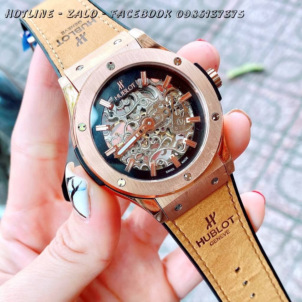 Đồng Hồ Nam Hublot Automatic Dây Da Silicon Nâu Rose Gold 42mm Lộ Máy