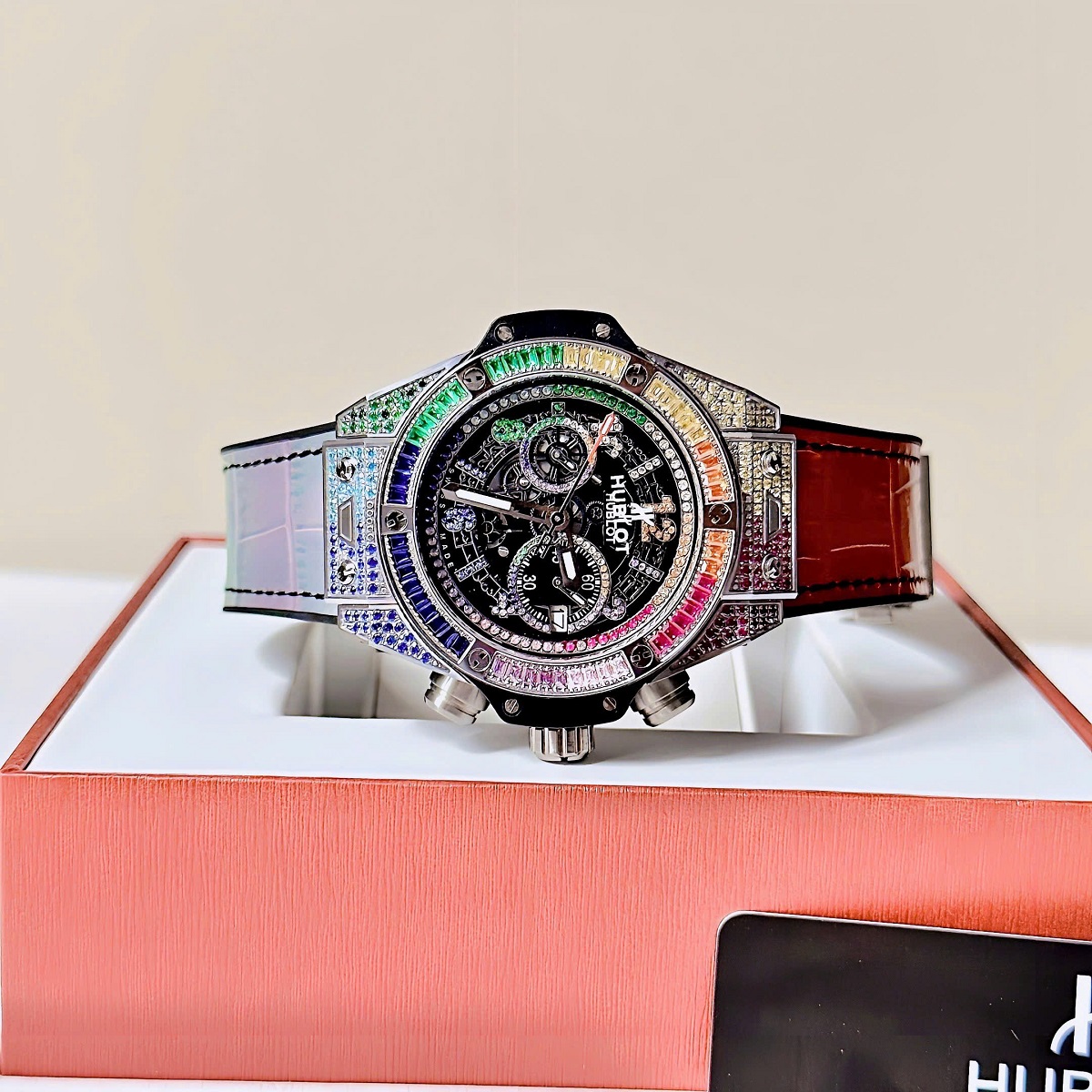 Đồng Hồ Nam Hublot Big Bang Đính Đá Dây Cao Su Bọc Da Vỏ Silver 45mm