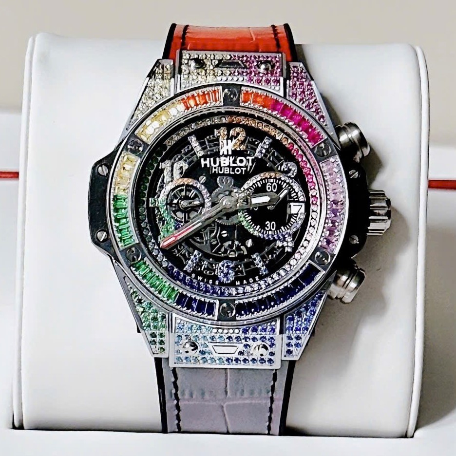 Đồng Hồ Nam Hublot Big Bang Đính Đá Dây Cao Su Bọc Da Vỏ Silver 45mm