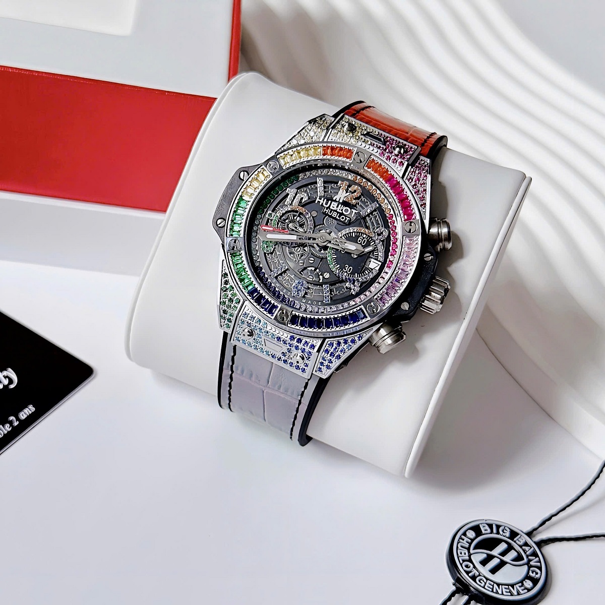 Đồng Hồ Nam Hublot Big Bang Đính Đá Dây Cao Su Bọc Da Vỏ Silver 45mm