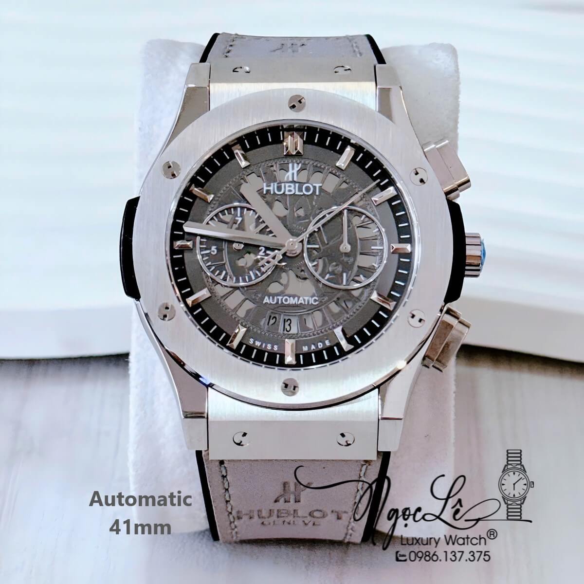 Đồng Hồ Nam Hublot Classic Fusion Automatic Dây Cao Su Bọc Da Xám Grey Size 41mm Mặt 5 Kim