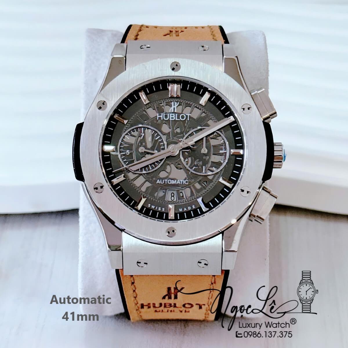 Đồng Hồ Nam Hublot Classic Fusion Automatic Dây Cao Su Bọc Da Nâu Bò Size 41mm Mặt 5 Kim