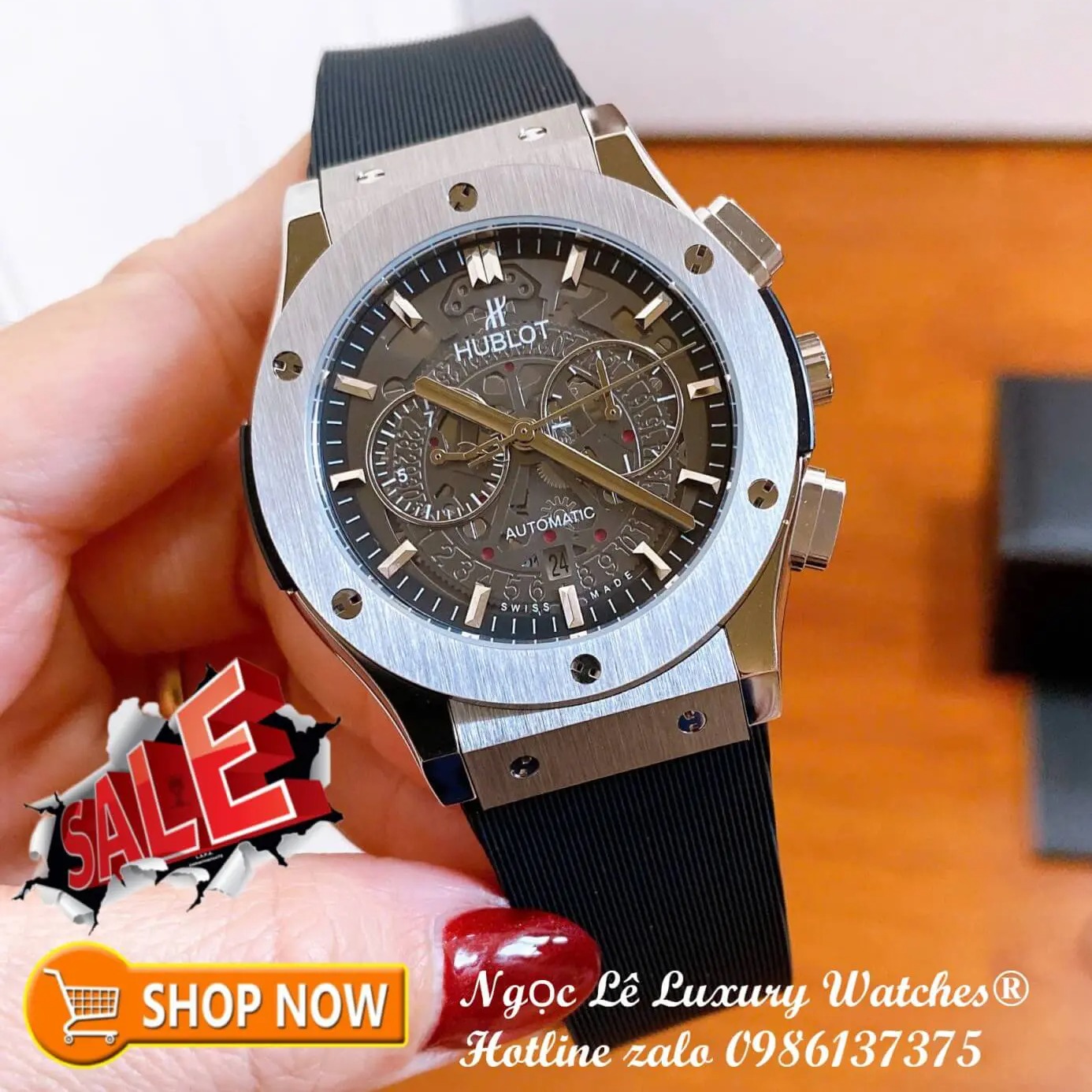 Đồng Hồ Nam Hublot Classic Fusion Automatic Dây Cao Su Đen Mặt Đen Vỏ Thép Bạc Size 42mm