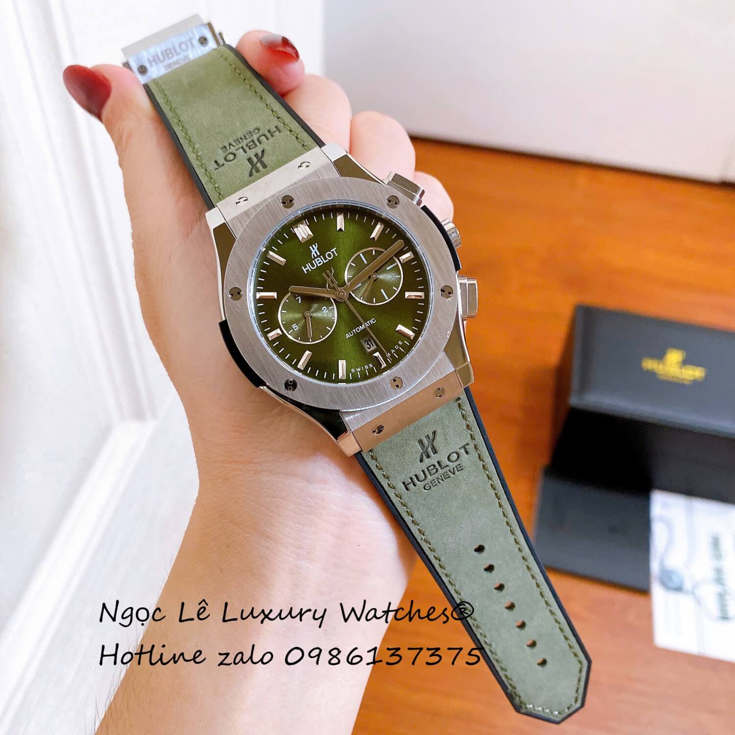 Đồng Hồ Nam Hublot Classic Fusion Automatic Dây Da Xanh Rêu Vỏ Thép Silver Size 42mm