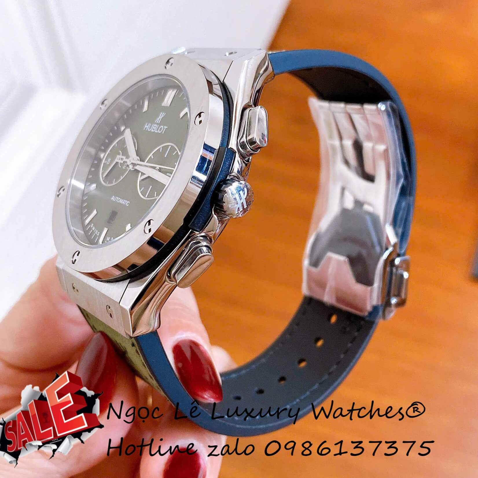 Đồng Hồ Nam Hublot Classic Fusion Automatic Dây Da Xanh Rêu Vỏ Thép Silver Size 42mm