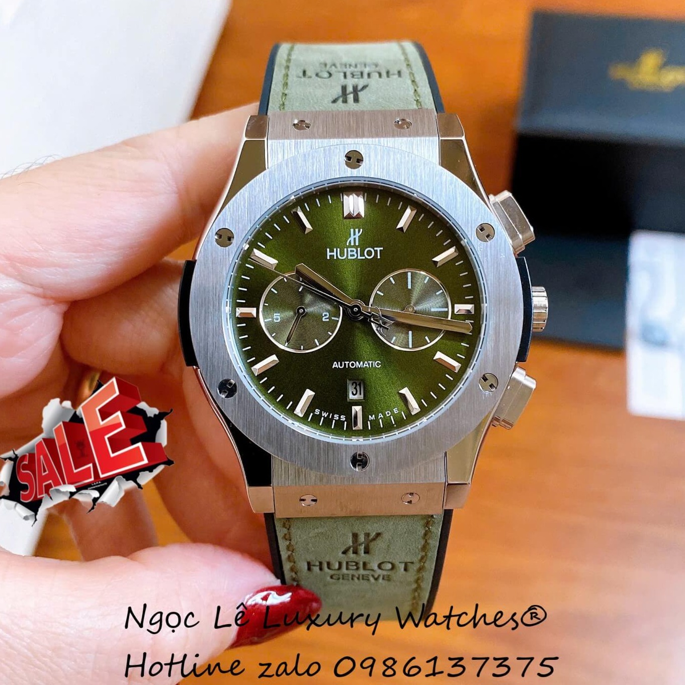 Đồng Hồ Nam Hublot Classic Fusion Automatic Dây Da Xanh Rêu Vỏ Thép Silver Size 42mm