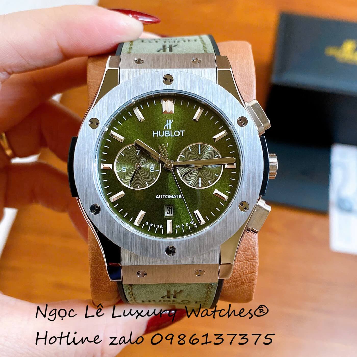 Đồng Hồ Nam Hublot Classic Fusion Automatic Dây Da Xanh Rêu Vỏ Thép Silver Size 42mm