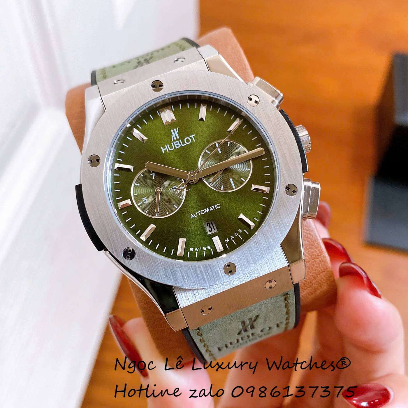 Đồng Hồ Nam Hublot Classic Fusion Automatic Dây Da Xanh Rêu Vỏ Thép Silver Size 42mm