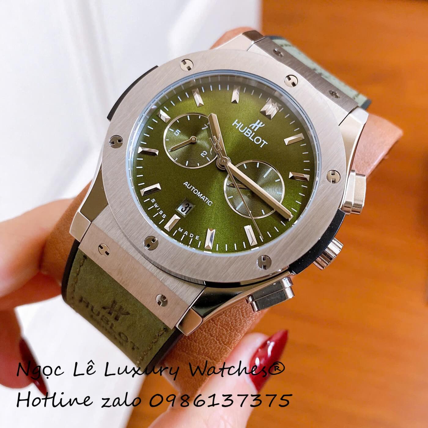 Đồng Hồ Nam Hublot Classic Fusion Automatic Dây Da Xanh Rêu Vỏ Thép Silver Size 42mm