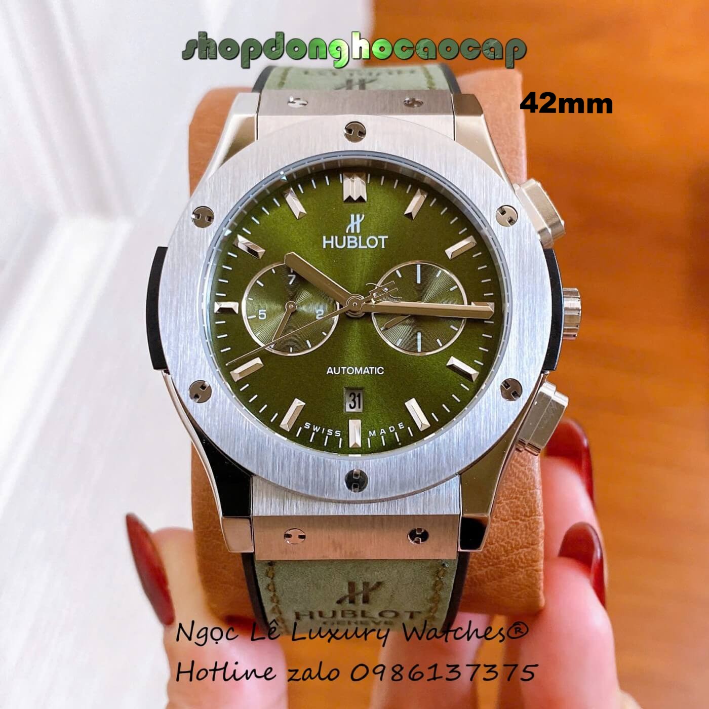 Đồng Hồ Nam Hublot Classic Fusion Automatic Dây Da Xanh Rêu Vỏ Thép Silver Size 42mm
