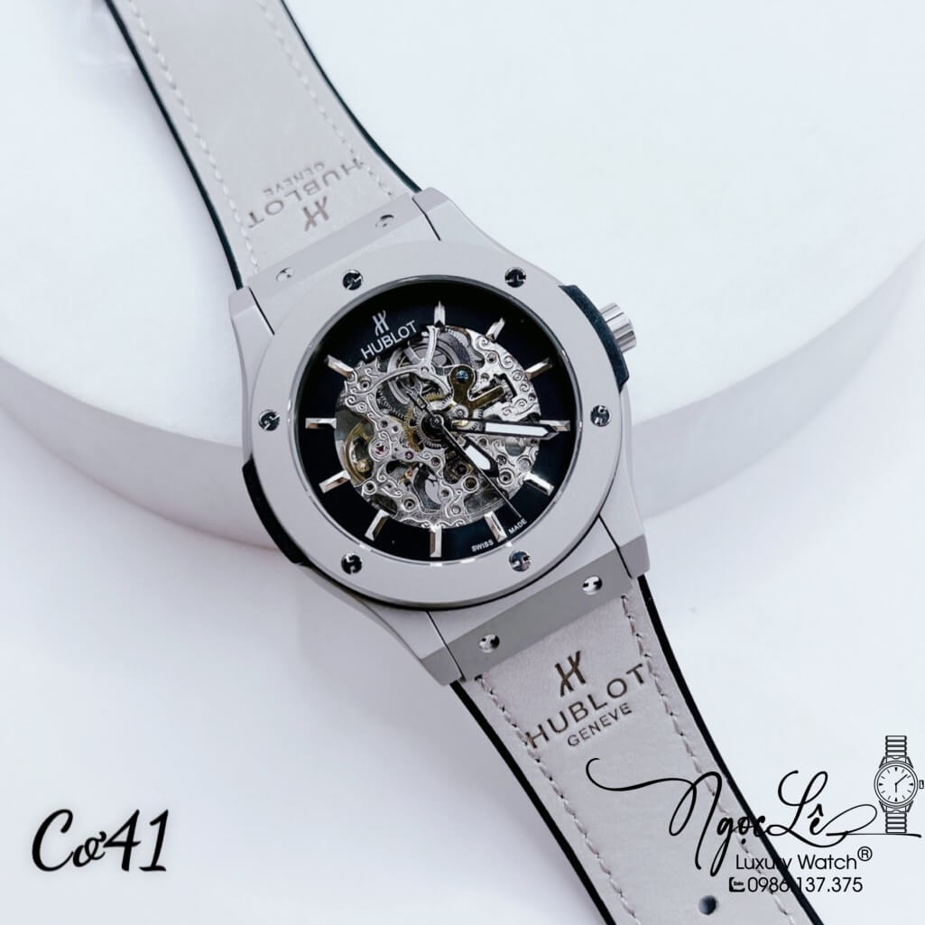 Đồng Hồ Nam Hublot Skeleton Automatic Dây Da Silicon Màu Xám Lộ Máy Size 42mm