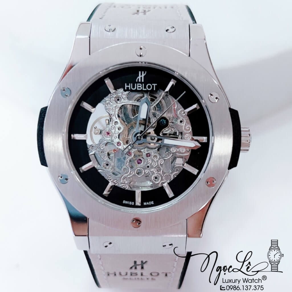 Đồng Hồ Nam Hublot Skeleton Automatic Dây Da Silicon Màu Xám Lộ Máy Size 42mm
