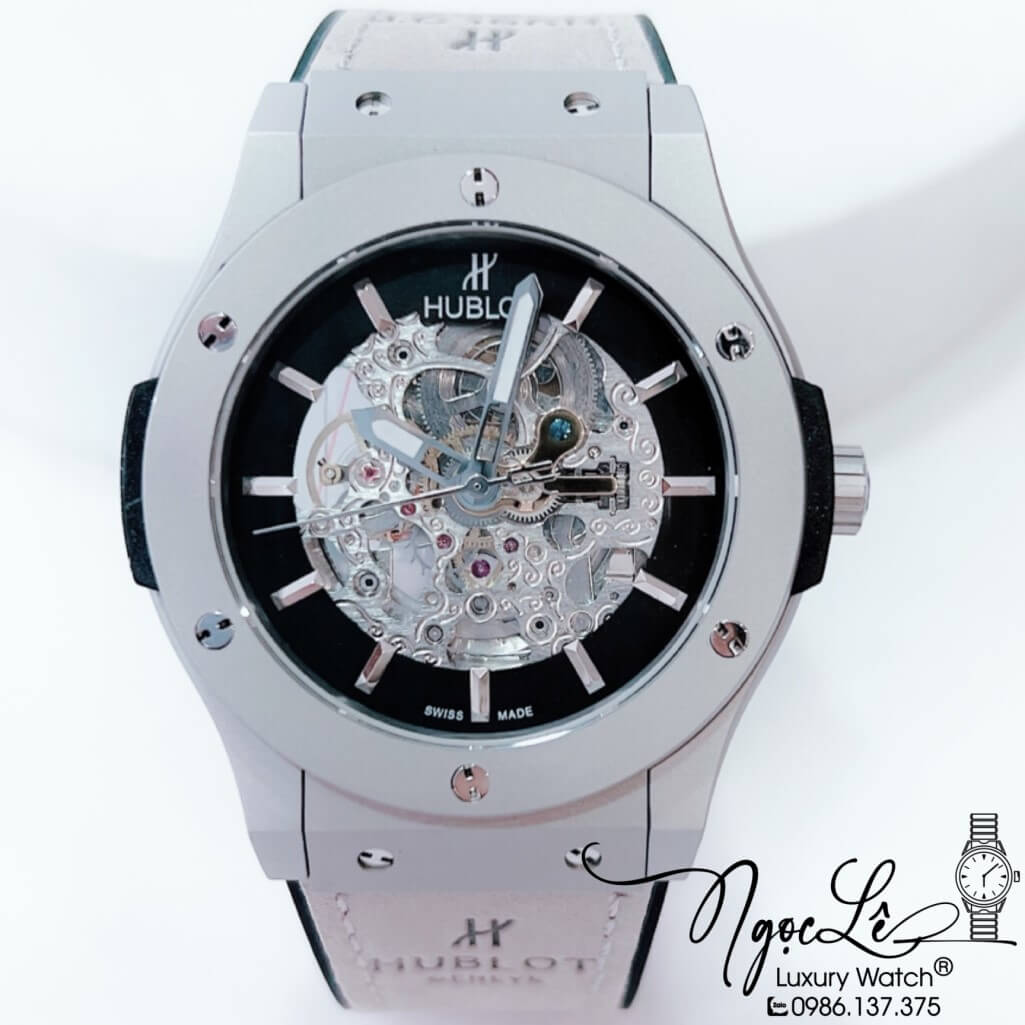 Đồng Hồ Nam Hublot Skeleton Automatic Dây Da Silicon Màu Xám Lộ Máy Size 42mm