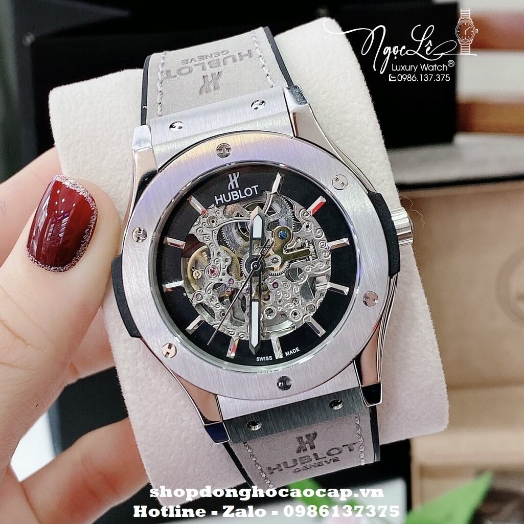 Đồng Hồ Nam Hublot Skeleton Automatic Dây Da Silicon Màu Xám Lộ Máy Size 42mm