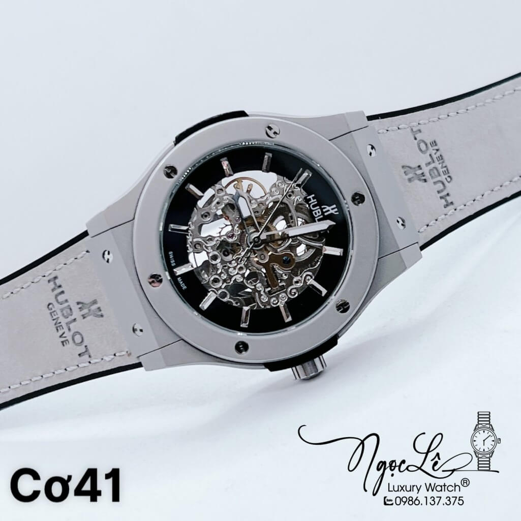 Đồng Hồ Nam Hublot Skeleton Automatic Dây Da Silicon Màu Xám Lộ Máy Size 42mm