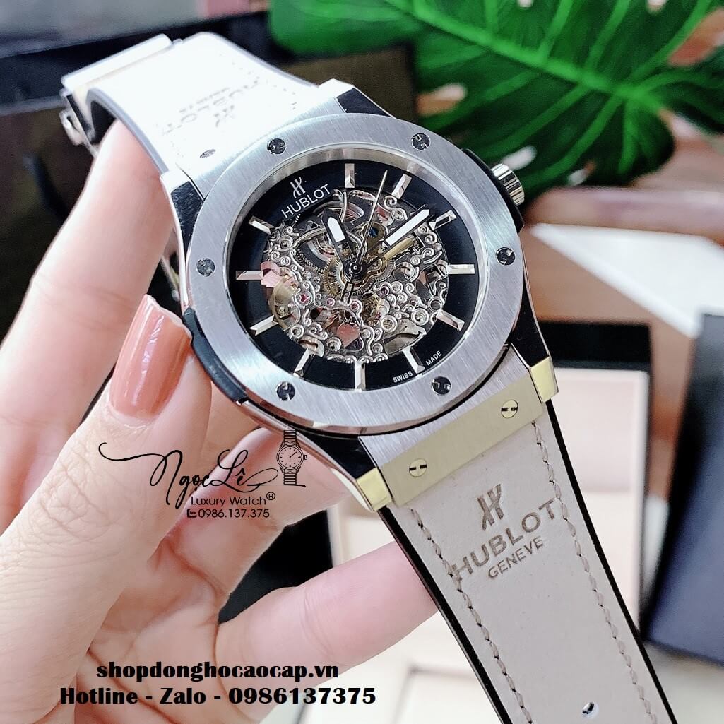 Đồng Hồ Nam Hublot Skeleton Automatic Dây Da Silicon Màu Xám Lộ Máy Size 42mm