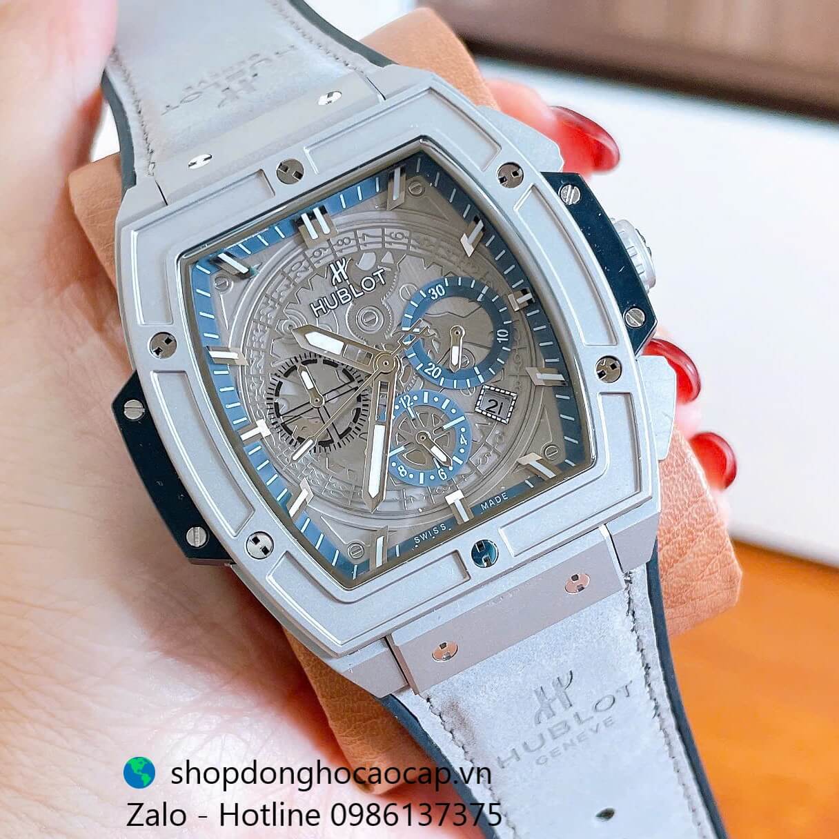 Đồng hồ nam Hublot Spirit Of Big Bang máy tự động dây cao su bọc da xám vỏ silver size 42mm