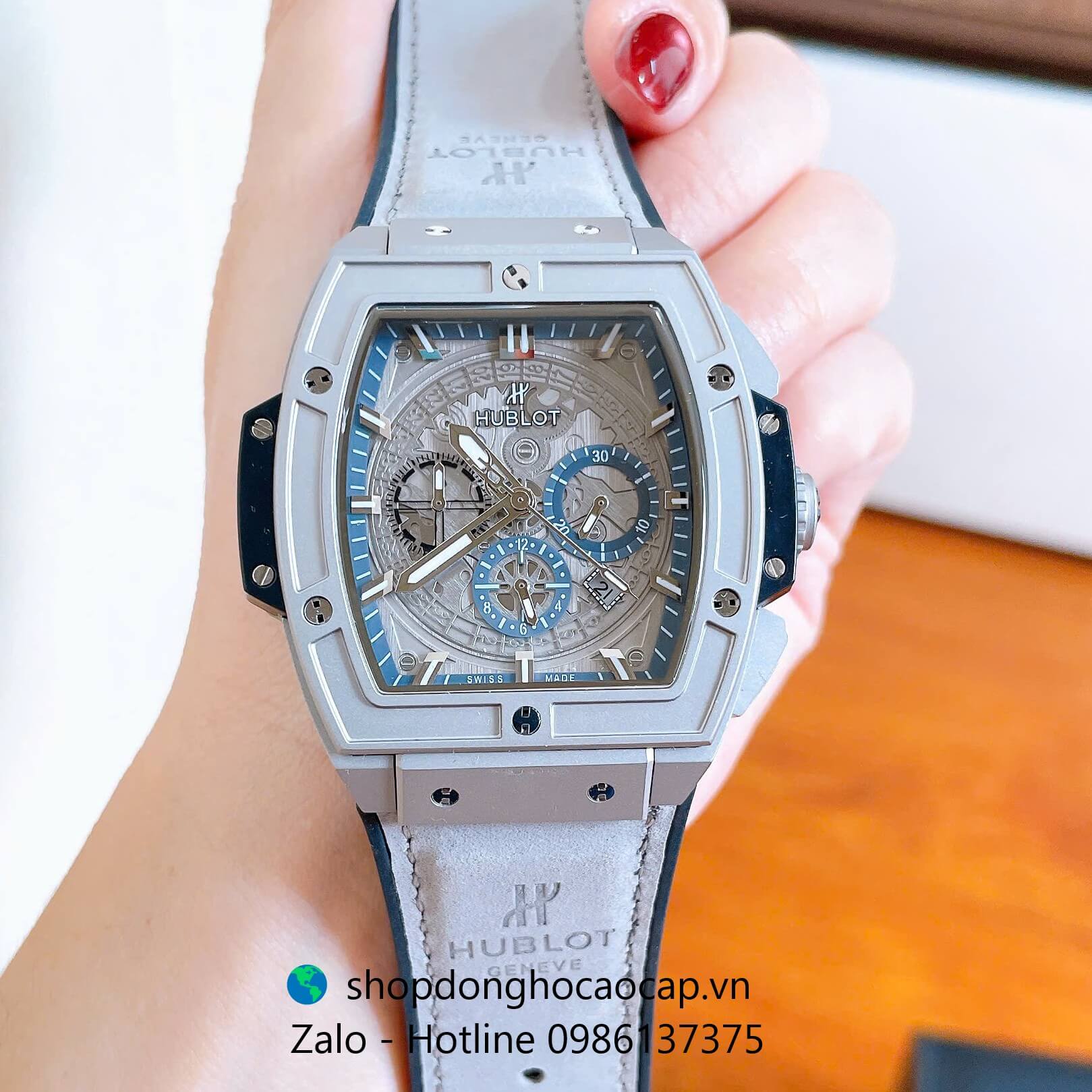 Đồng hồ nam Hublot Spirit Of Big Bang máy tự động dây cao su bọc da xám vỏ silver size 42mm