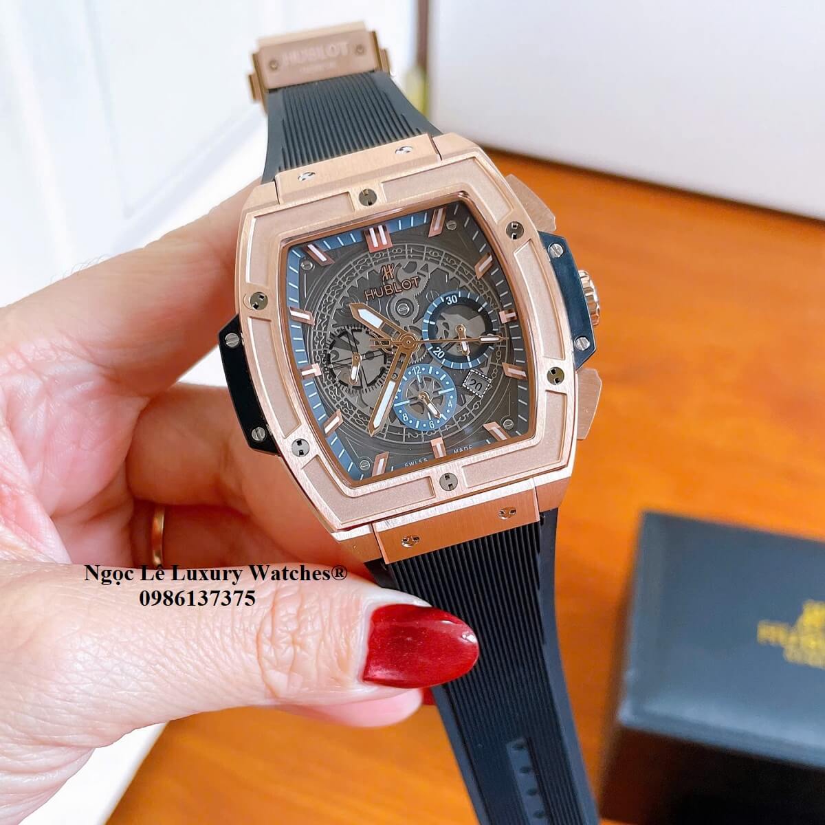 Đồng hồ nam Hublot Spirit Of Big Bang máy tự động dây cao su đen vỏ vàng hồng size 42mm