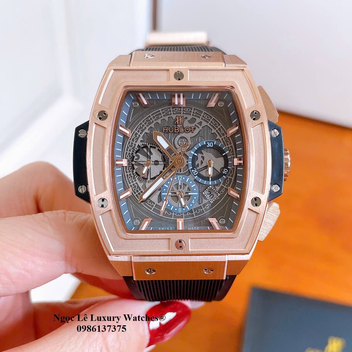 Đồng hồ nam Hublot Spirit Of Big Bang máy tự động dây cao su đen vỏ vàng hồng size 42mm