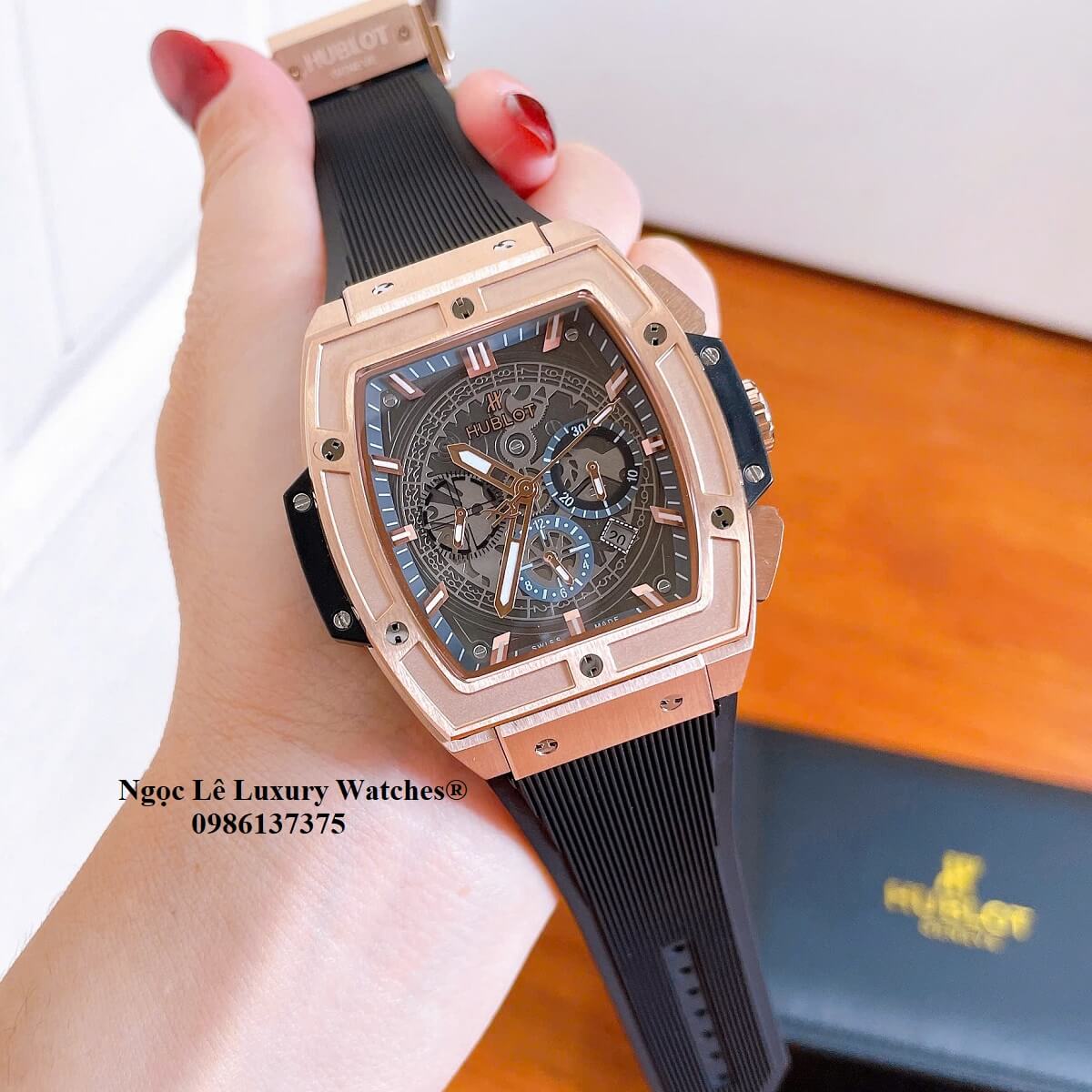 Đồng hồ nam Hublot Spirit Of Big Bang máy tự động dây cao su đen vỏ vàng hồng size 42mm