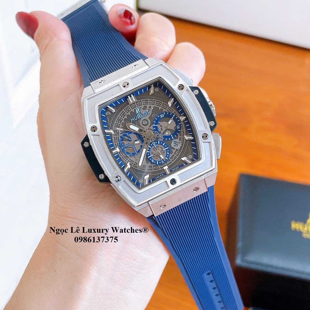 Đồng hồ nam Hublot Spirit Of Big Bang máy tự động dây cao su xanh dương vỏ silver size 42mm