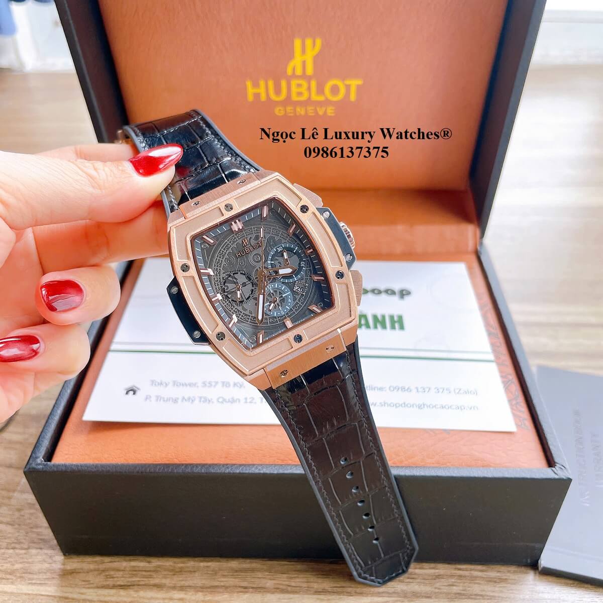 Đồng hồ nam Hublot Spirit Of Big Bang máy tự động dây cao su bọc da đen vỏ vàng hồng size 42mm