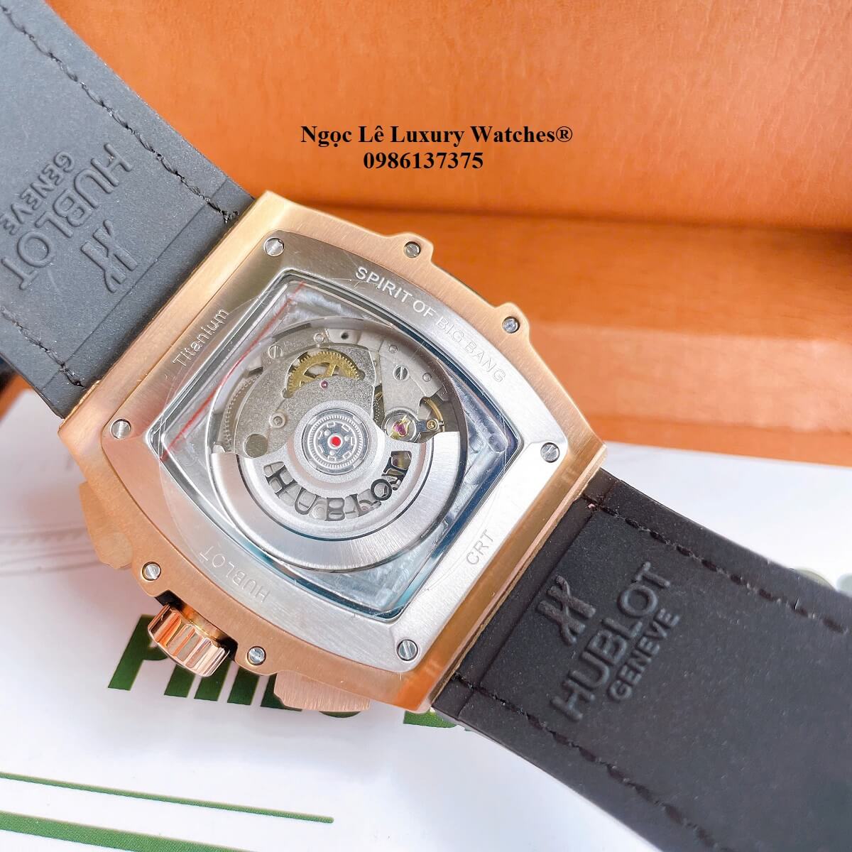 Đồng hồ nam Hublot Spirit Of Big Bang máy tự động dây cao su bọc da đen vỏ vàng hồng size 42mm