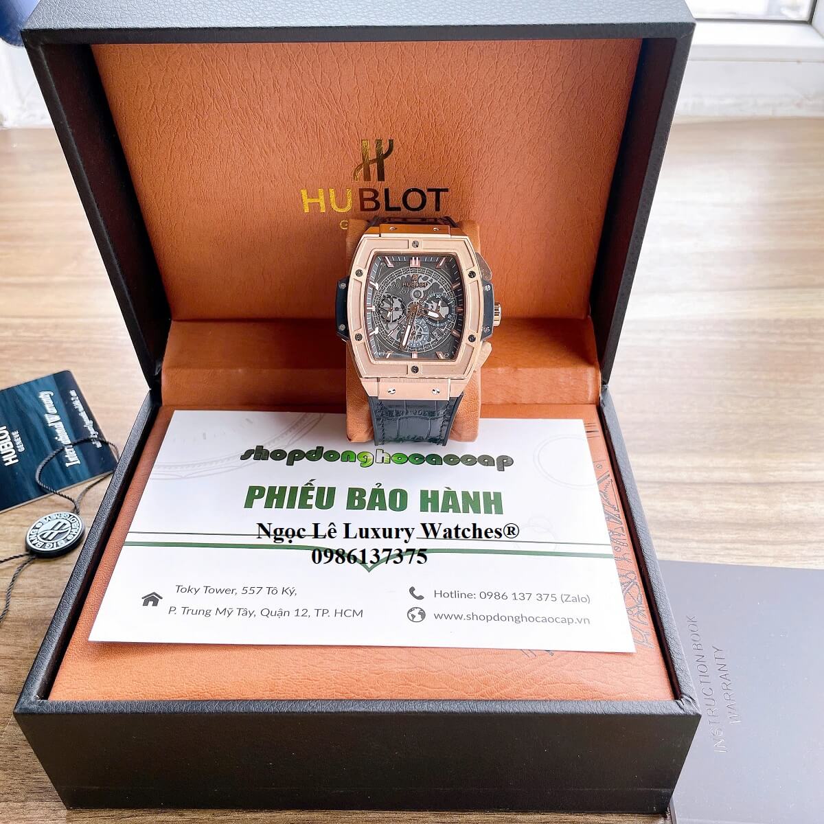 Đồng hồ nam Hublot Spirit Of Big Bang máy tự động dây cao su bọc da đen vỏ vàng hồng size 42mm