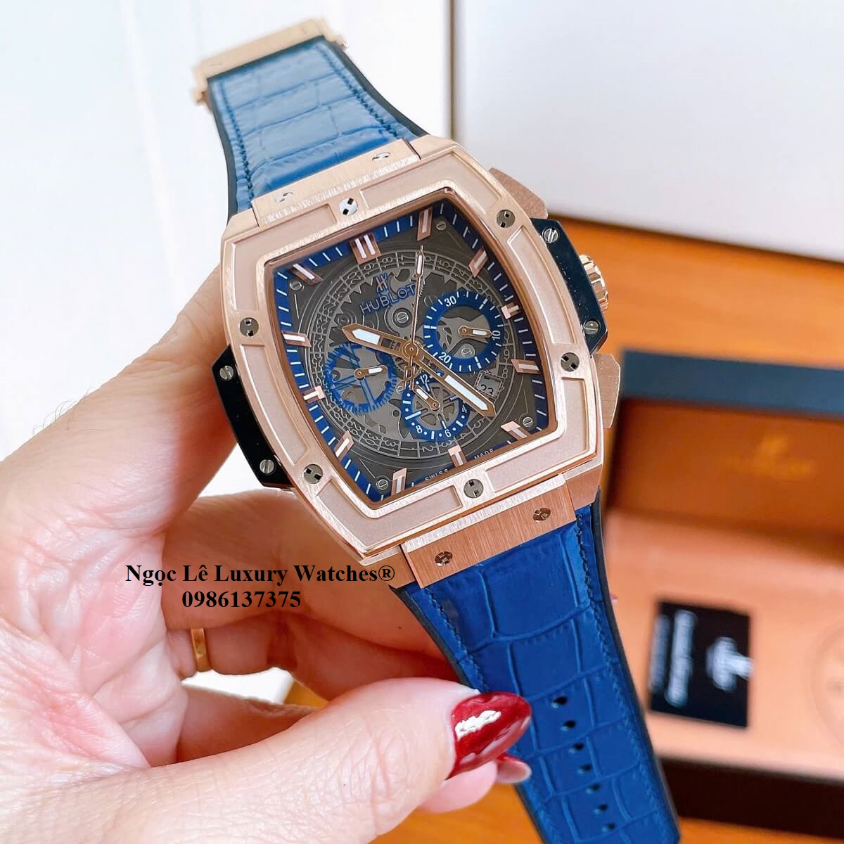 Đồng hồ nam Hublot Spirit Of Big Bang máy tự động dây cao su bọc da xanh dương vỏ vàng hồng size 42mm