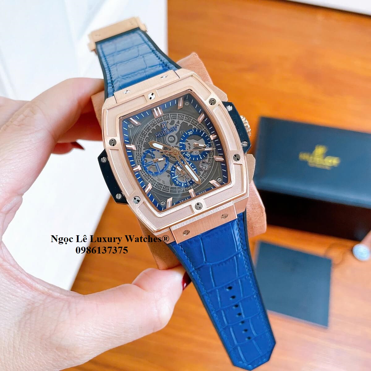 Đồng hồ nam Hublot Spirit Of Big Bang máy tự động dây cao su bọc da xanh dương vỏ vàng hồng size 42mm