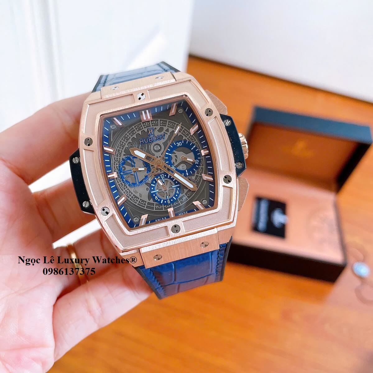 Đồng hồ nam Hublot Spirit Of Big Bang máy tự động dây cao su bọc da xanh dương vỏ vàng hồng size 42mm