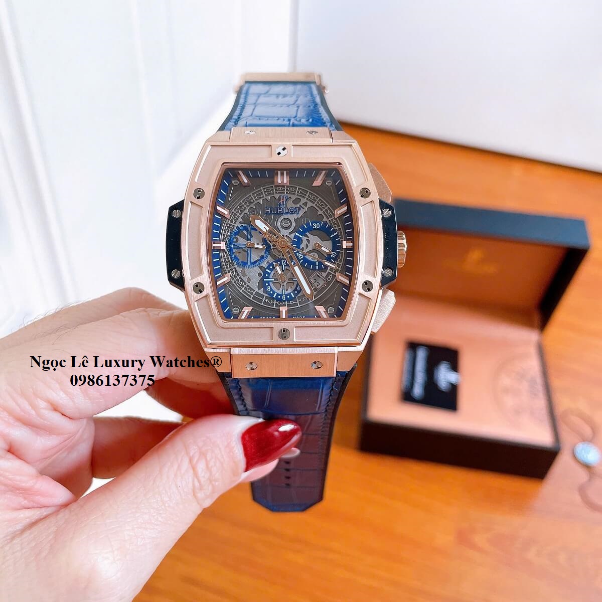 Đồng hồ nam Hublot Spirit Of Big Bang máy tự động dây cao su bọc da xanh dương vỏ vàng hồng size 42mm