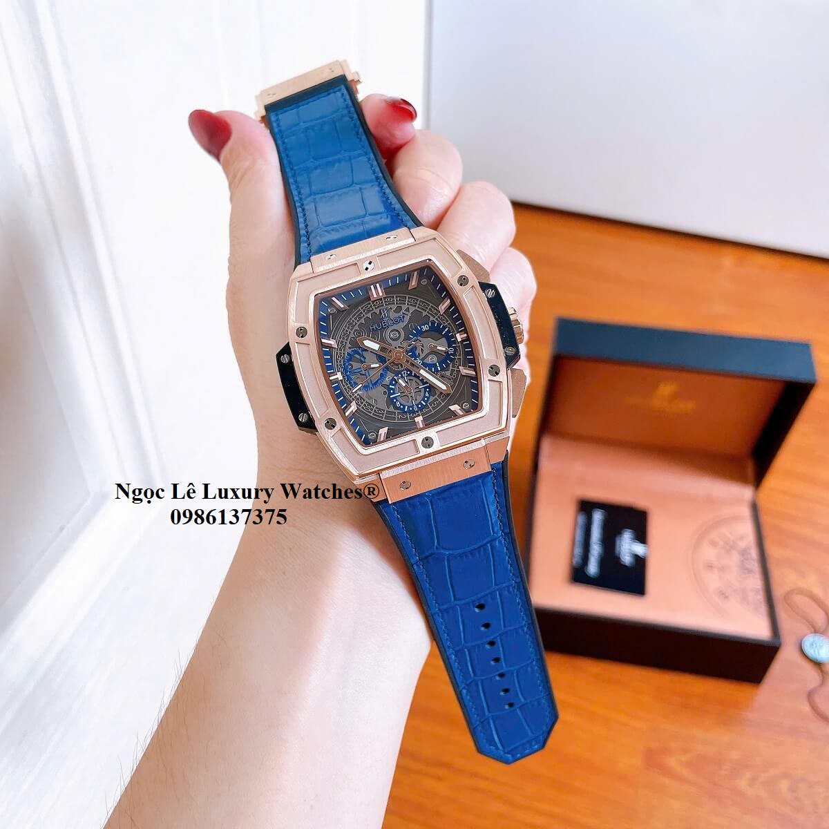 Đồng hồ nam Hublot Spirit Of Big Bang máy tự động dây cao su bọc da xanh dương vỏ vàng hồng size 42mm