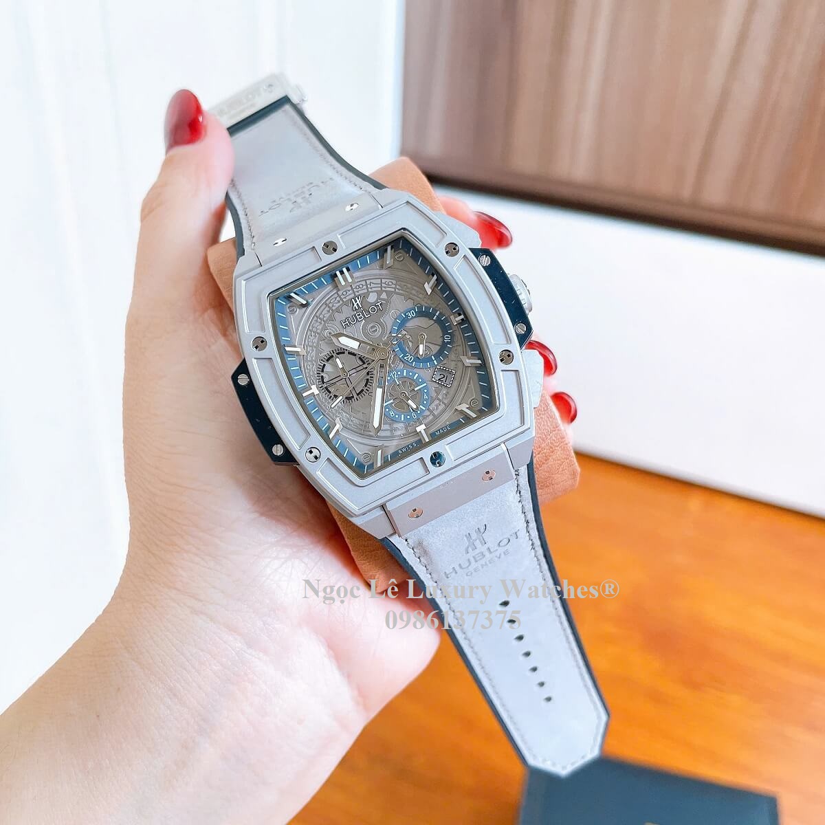 Đồng hồ nam Hublot Spirit Of Big Bang máy tự động dây cao su bọc da xám vỏ silver size 42mm