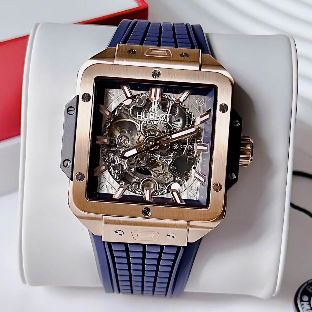 Đồng Hồ Nam Hublot Square Bang Máy Tự Động Dây Silicone Xanh Vỏ Rose 42mm