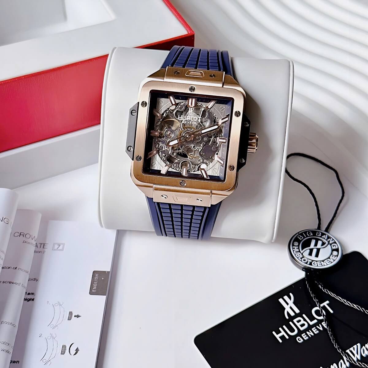 Đồng Hồ Nam Hublot Square Bang Máy Tự Động Dây Silicone Xanh Vỏ Rose 42mm