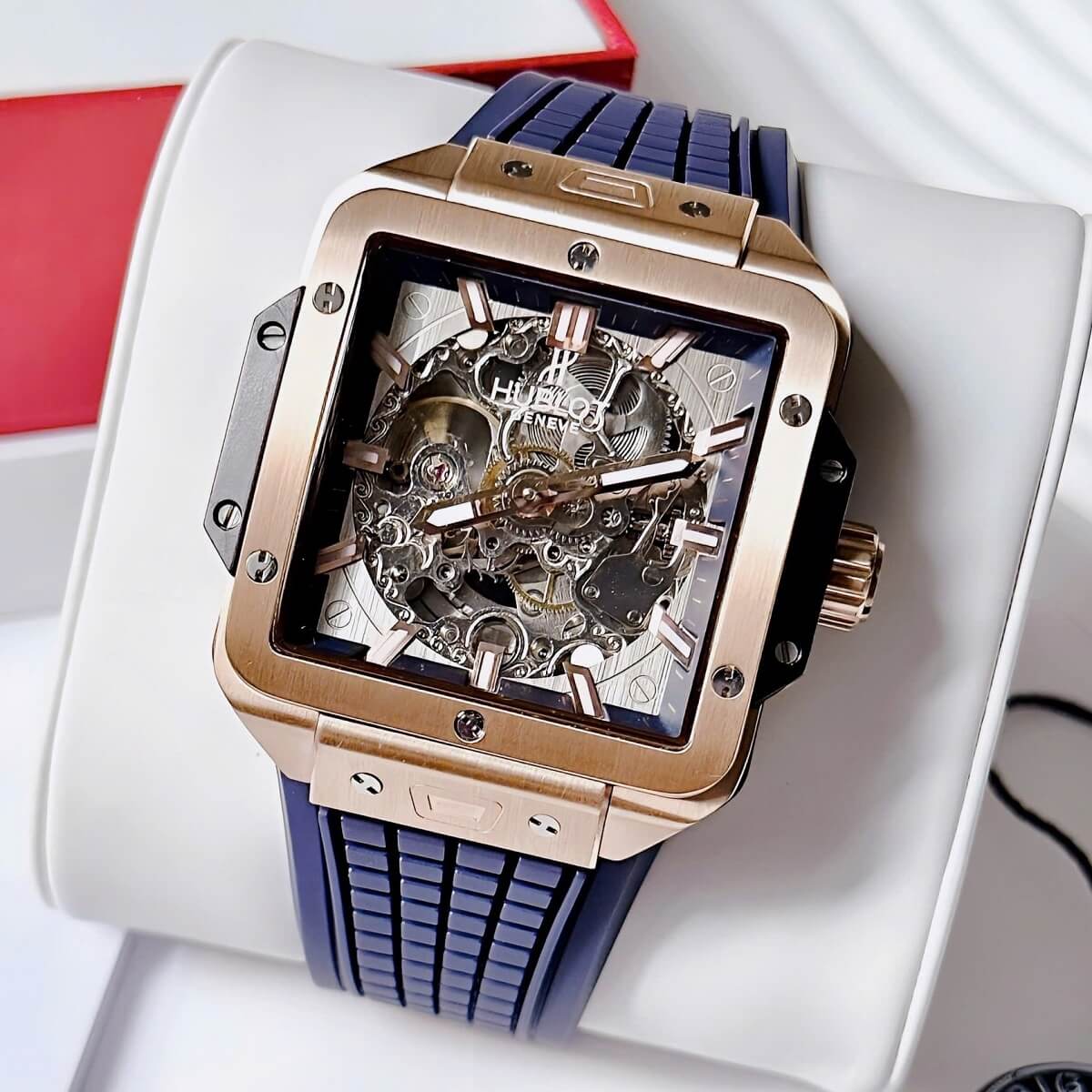 Đồng Hồ Nam Hublot Square Bang Máy Tự Động Dây Silicone Xanh Vỏ Rose 42mm
