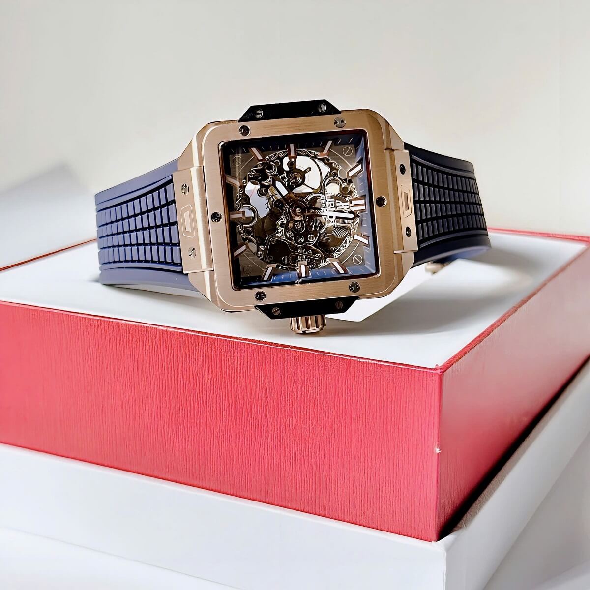 Đồng Hồ Nam Hublot Square Bang Máy Tự Động Dây Silicone Xanh Vỏ Rose 42mm